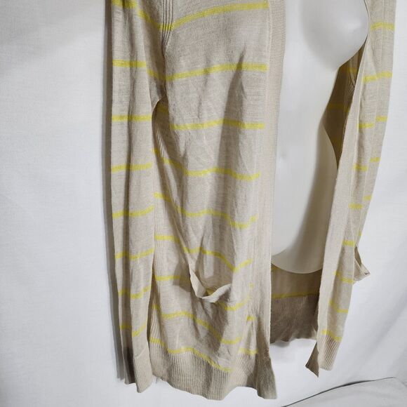 Ann Taylor Loft Sweater Lg Open Front Knit Cardigan Beige Yellow Striped Pockets - Picture 5 of 9